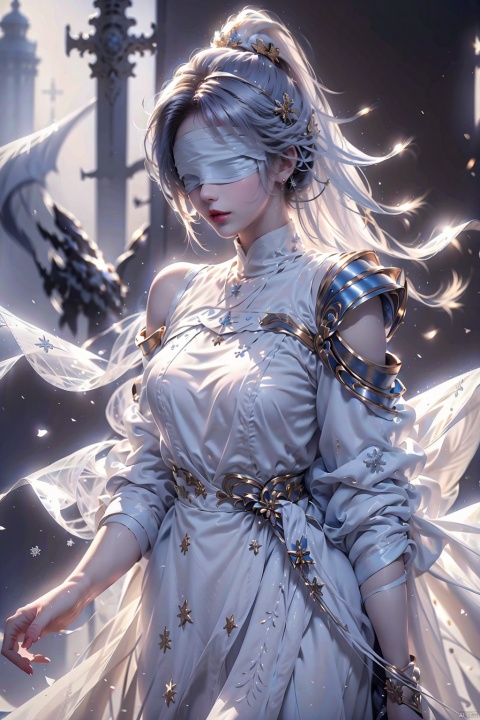  duotone white and blue,1girl,gold_hair, ponytail, (blindfold),The wind blows, close-up,Off Shoulder, (((Binding))),[Armor_dress],depth of field,[ice crystal], (snowflake),
