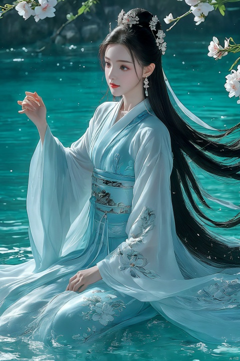  (masterpiece, top quality, best quality, official art, beautiful and aesthetic:1.2),gf-hd, 1girl, long hair, solo, upper body, water, flower, earrings, hair ornament, jewelry, black hair, chinese clothes, hanfu, long sleeves