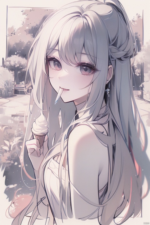 Comic_lineart_V1, masterpiece, best quality, small garden, girl eating ice cream, very happy