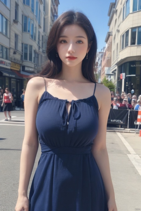 Best Picture Quality, 8K, Solo, (1 Girl: 1.3), (Standing: 1.3), (Front: 1.4), (Audience: 1.4), (Outdoor: 1.3), (Street: 1.4), Sunshine, Car, (Upper Body: 1.2), RC, (Blue Dress: 1.5), Jewelry, Bow