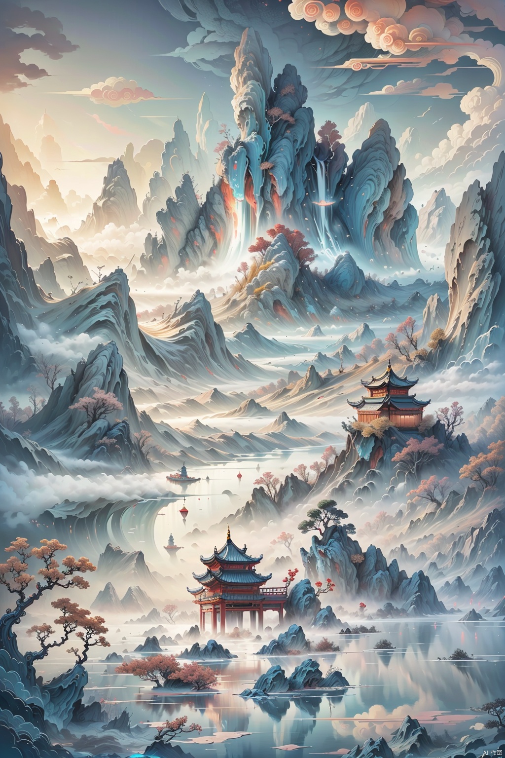  (ultra detailed, High quality ,best quality, High precision, Fine luster, UHD, 16k), (official art, masterpiece, illustration), A landscape painting with a lake, pine trees and a sunset, thick fog, with clear new pop illustrations, (large area of white space, one-third composition: 1.3), minimalist world, beige gray, Chinese Jiangnan scenery, digital printing, lake and mountain scenery, sunset and solitary crane flying together, guofeng, xinxihuan,zydink,white background
