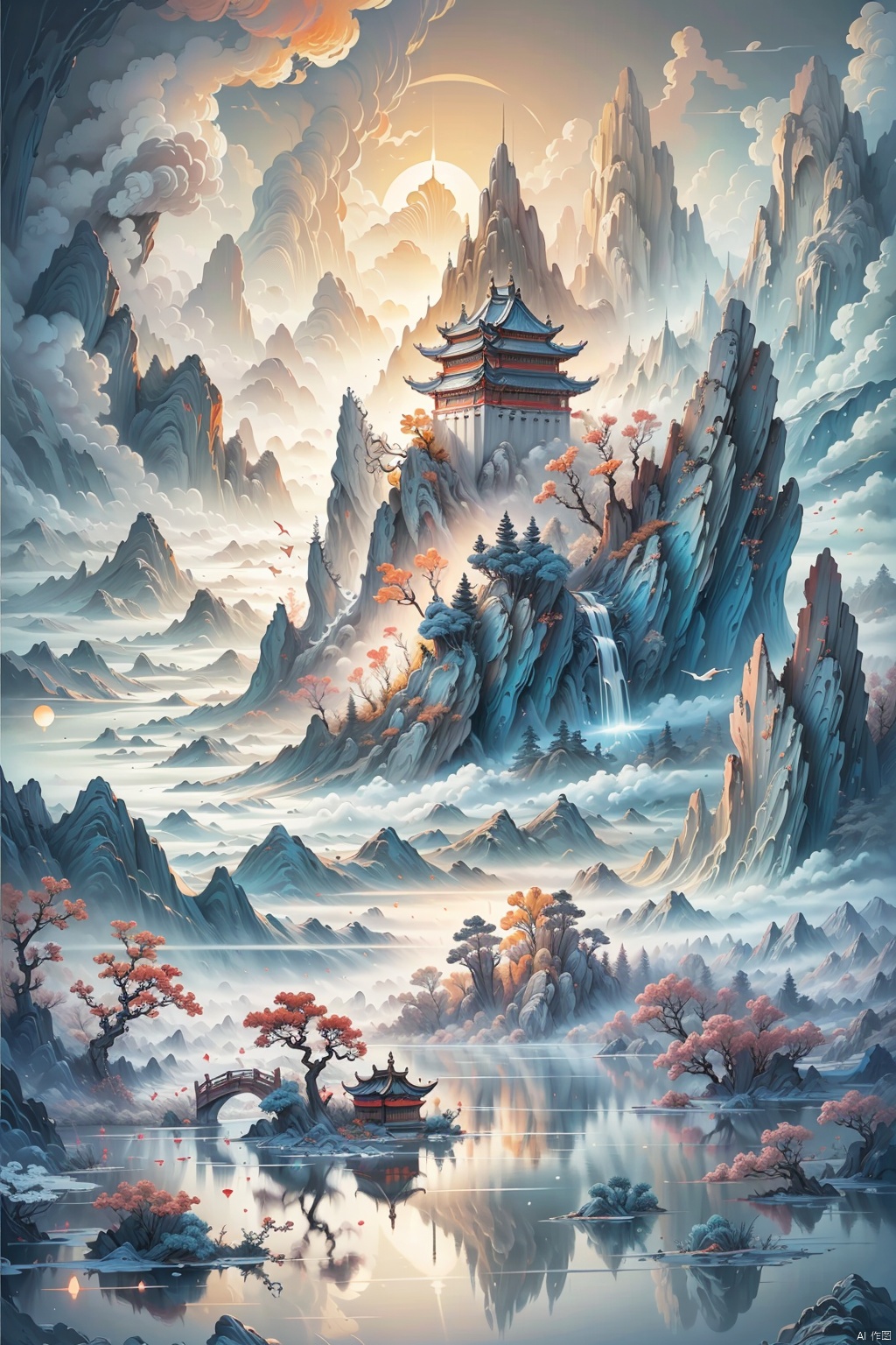  (ultra detailed, High quality ,best quality, High precision, Fine luster, UHD, 16k), (official art, masterpiece, illustration), A landscape painting with a lake, pine trees and a sunset, thick fog, with clear new pop illustrations, (large area of white space, one-third composition: 1.3), minimalist world, beige gray, Chinese Jiangnan scenery, digital printing, lake and mountain scenery, sunset and solitary crane flying together, guofeng, xinxihuan,zydink,white background
