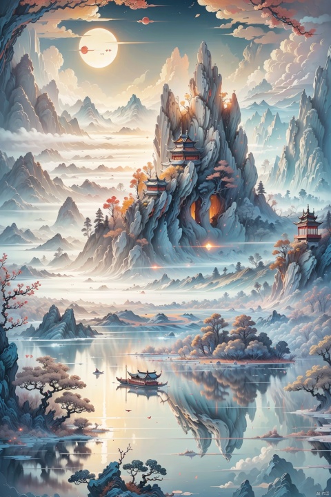  (ultra detailed, High quality ,best quality, High precision, Fine luster, UHD, 16k), (official art, masterpiece, illustration), A landscape painting with a lake, pine trees and a sunset, thick fog, with clear new pop illustrations, (large area of white space, one-third composition: 1.3), minimalist world, beige gray, Chinese Jiangnan scenery, digital printing, lake and mountain scenery, sunset and solitary crane flying together, guofeng, xinxihuan,zydink,white background
