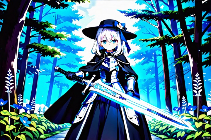 Beautiful anime, best quality, super fine, 8K, solo, weapon, flower, sword, blue_eyes, holding, nature, looking_at_viewer, holding_weapon, gloves, holding_sword, black_gloves, hair_between_eyes, black_dress, closed_mouth, white_hair, standing, hat, tree, hat, cape, long sleeves, black_headwear, black_capelet, lolita_fashion, hat_flow, blue_flow, day, glowing_weapons, (new armor weapon: 1.2), mechanical, mechanical armor, cowboy bullets, mechanical armor