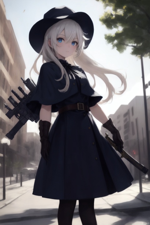 Beautiful anime, best quality, super fine, 8K, solo, weapon, flower, sword, blue_eyes, holding, nature, looking_at_viewer, holding_weapon, gloves, holding_sword, black_gloves, hair_between_eyes, black_dress, closed_mouth, white_hair, standing, hat, tree, hat, cape, long sleeves, black_headwear, black_capelet, lolita_fashion, hat_flow, blue_flow, day, glowing_weapons, (new armor weapon: 1.2), mechanical, mechanical armor, cowboy bullets, mechanical armor,(mechanical mask1.5)
