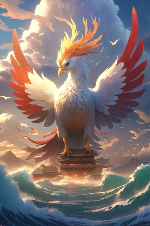 The Divine Bird (known as the Blessed Sea in Eastern mythology), (including stone: 1.5) flying towards the sea, is a masterpiece with extremely exquisite official skills. The CG unified 8k wallpaper, sunrise, brilliant morning light, distant Jinshan, soaring in the clouds, vast sea, (turbulence: 1.2), the sea shining with golden and red light, dazzling light, Chinese mythology, the sea, fairyland divine bird, and the rising sun constitute a kind of intoxicating beauty. Divine bird, shrouded in dark clouds and national wind, BJ_divine beast (unmanned: 1.2)