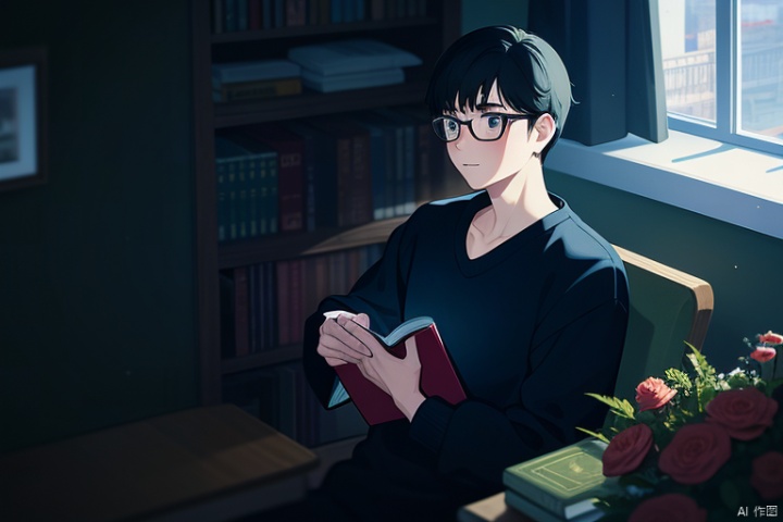 A boy sat alone by the window, looking out. Surrounded by books and flowers, with short hair and glasses, mature, with a head of jet black hair and leaning against a chair, his facial features were clear and three-dimensional. He was an Asian male
