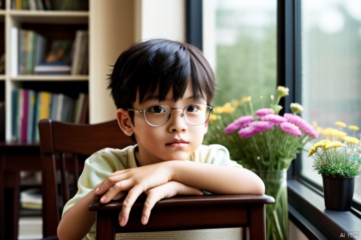 A boy sitting alone by the window, looking into the distance, surrounded by books and flowers, with short hair, glasses on, black hair, leaning against a chair, with clear and three-dimensional facial features, Asian girl