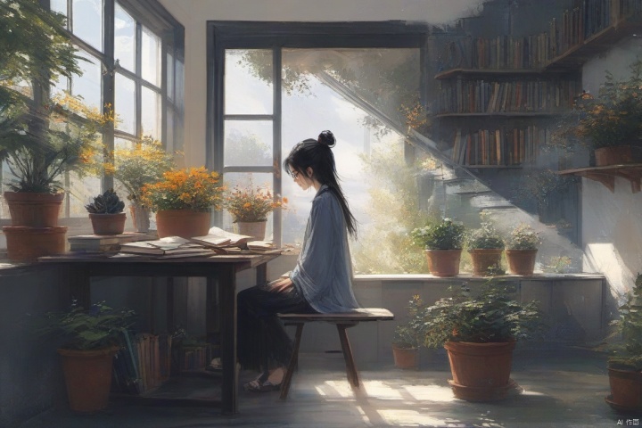  Cryptocore, art, 1 girl, solo, light, day, shadow, mottled sunlight, lake, sitting at a desk, ahoge, animal, book, bottle, black hair, wearing glasses, closed mouth, casual attire, contemplative expression, flowers, from the side, holding, holding books, indoor, looking at books, plants, potted plants, short hair, sitting, stairs, sunlight, ananmo