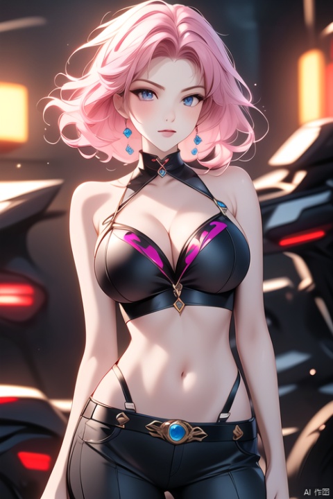  Pink split short hair, pink eyes, royal sister, sassy, sci-fi style, motorcycle, Harley,