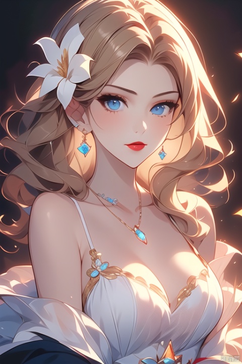  1girl, solo, looking at viewer, short hair, blue eyes, blonde hair, hair ornament, dress, bare shoulders, jewelry, closed mouth, upper body, flower, earrings, hair flower, necklace, off shoulder, white dress, lips, white flower, gem, red lips, jujingyi