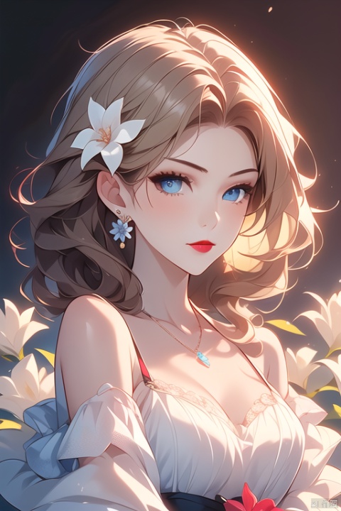  1girl, solo, looking at viewer, short hair, blue eyes, blonde hair, hair ornament, dress, bare shoulders, jewelry, closed mouth, upper body, flower, earrings, hair flower, necklace, off shoulder, white dress, lips, white flower, gem, red lips, jujingyi