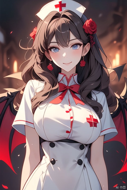  (Best quality), (Masterpiece), (high resolution), illustrated, original, very detailed wallpaper, female, Succuba, mouth, white eyelashes, hair covering right eye, Demon teeth, Nurse's hat on head and huge demon horns, white keel hair ornament and red rose hovering on head, Demon Wings headdress, European Medieval style dress, clothes with red gems, In a nurse's uniform, dressed conservatively