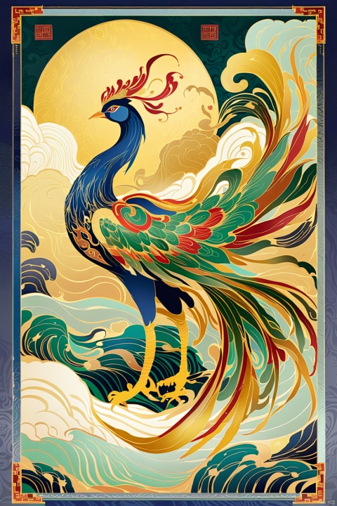  chinese prints,A phoenix with a big long feathered tail,surrounded by continuous undulating ripples,The brushwork is extremely detailed, soft and fluid.,Ripple design with gold foil in the background