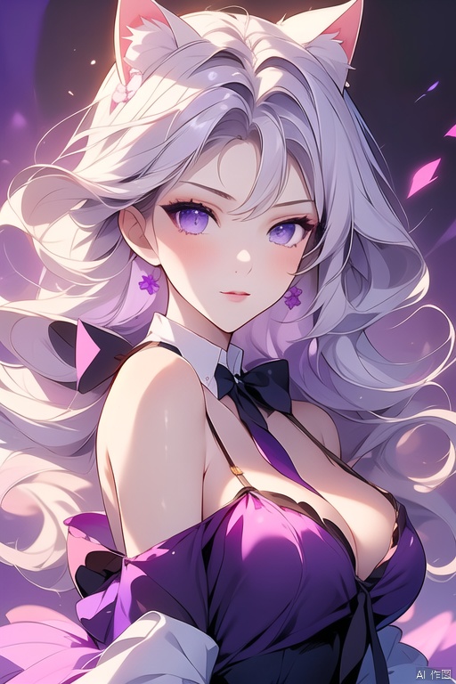  a white kitten girl,1 girl having cat ears,solo,long hair,curly hair,white hair,purple eyes,big dreamy purple bow behind the hair,dreamy purple dress,purple neck tie,off-the-shoulder,cute,delicate makeup,best quality,chaloujiusi,
