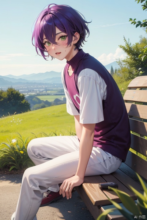  Masterpiece, super detailed, high quality, 1 boy, (powder blusher, red face, cracked lips), detailed lips, sitting on the bench, (solo), wide-angle lens, scenery, whole body, Kuki Shinobu, purple hair, hair between eyes, micro cap, short hair, (green eyes: 1.1), hair decoration, kukishinobnd, white