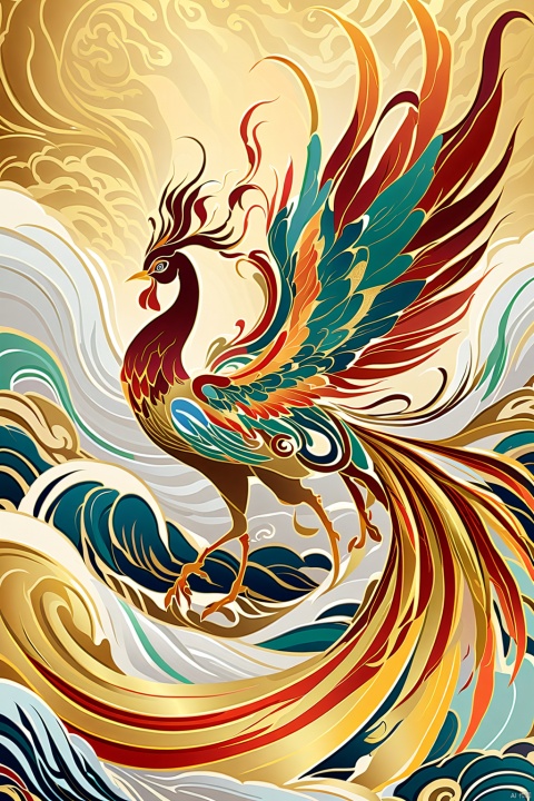  chinese prints,A phoenix with a big long feathered tail,surrounded by continuous undulating ripples,The brushwork is extremely detailed, soft and fluid.,Ripple design with gold foil in the background