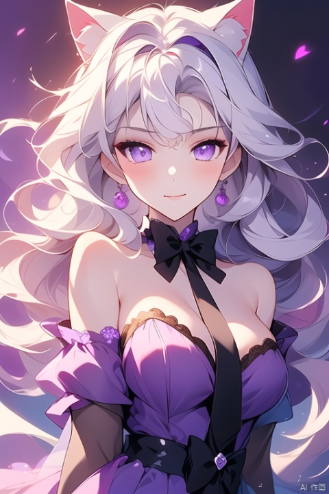  a white kitten girl,1 girl having cat ears,solo,long hair,curly hair,white hair,purple eyes,big dreamy purple bow behind the hair,dreamy purple dress,purple neck tie,off-the-shoulder,cute,delicate makeup,best quality,chaloujiusi,
