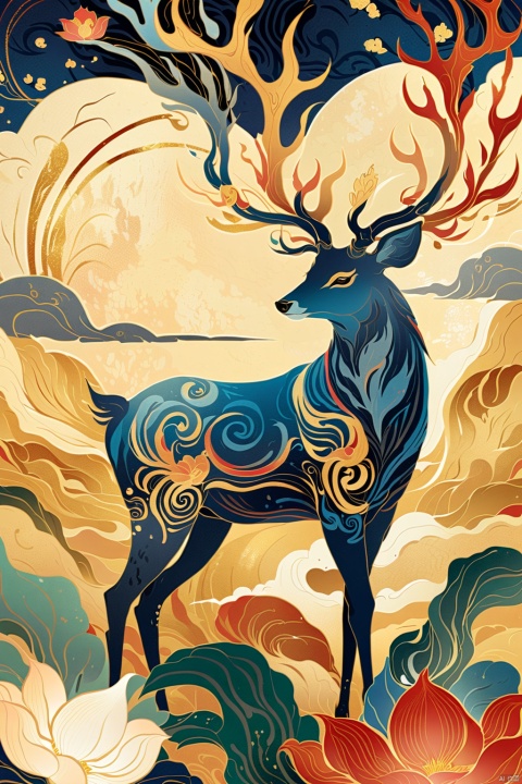  Dunhuang art style illustration,a magnificent nine-colored deer surrounded by auspicious clouds ,
Standing in the lotus pond ,extremely delicate brushstrokes, soft and smooth, China red and indigo, golden background