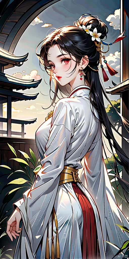  1girl, solo, long hair, looking at viewer, bangs, black hair, hair ornament, red eyes, long sleeves, dress, ribbon, jewelry, upper body, flower, earrings, parted lips, looking back, hand up, hair flower, hair bun, chinese clothes, red dress, tassel, architecture, east asian architecture, chinese painting, xinyue, girl