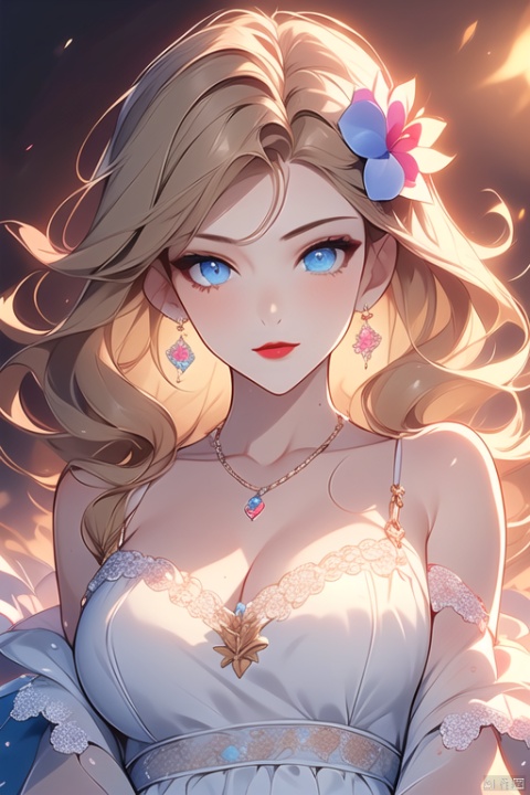  1girl, solo, looking at viewer, short hair, blue eyes, blonde hair, hair ornament, dress, bare shoulders, jewelry, closed mouth, upper body, flower, earrings, hair flower, necklace, off shoulder, white dress, lips, white flower, gem, red lips, jujingyi