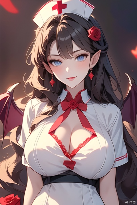  (Best quality), (Masterpiece), (high resolution), illustrated, original, very detailed wallpaper, female, Succuba, mouth, white eyelashes, hair covering right eye, Demon teeth, Nurse's hat on head and huge demon horns, white keel hair ornament and red rose hovering on head, Demon Wings headdress, European Medieval style dress, clothes with red gems, In a nurse's uniform, dressed conservatively
