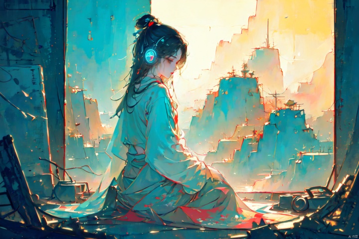  fine art, oil painting, amazing sky, . European Hippie Girl meditating in her room, dreaming, Wear headphones, night lights, Neon landscape on a rainy day, Analog Color Theme, Lo-Fi Hip Hop , retrospective, flat, 2.5D