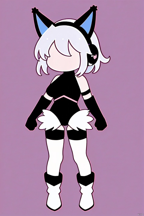 1girl, solo, breasts, looking at viewer, bangs, blue eyes, simple background, gloves, animal ears, hair between eyes, bare shoulders, closed mouth, standing, full body, white hair, small breasts, boots, shorts, sleeveless, black gloves, elbow gloves, grey background, chibi, leotard, short shorts, covered navel, headgear, headphones, black shorts, white footwear, pink gloves, pink leotard, jjmx
