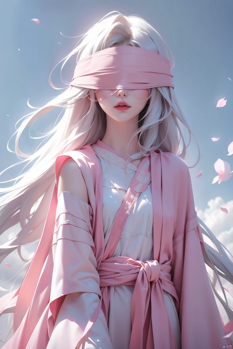  duotone pink and white,1girl,Long hair, loose hair, white hair,(blindfold),The wind blows, close-up,(no show left hand),(no show right hand)facing me directly