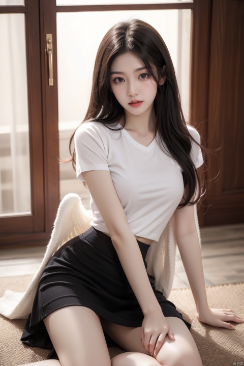  1girl, solo, long hair,naked, black hair, short sleeves, thighs, indoors, white socks,, brown skirt,,wangyushan,uhd, bj_Devil_angel