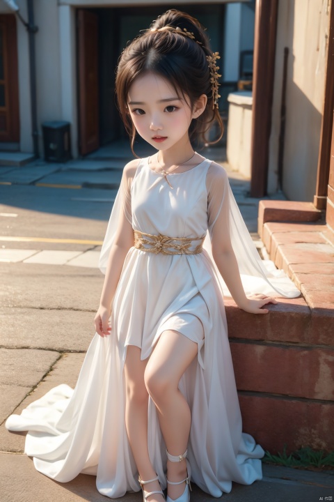  1girl,,Young children, little girls, young girls,,loli,l,8 years old,full_body,Petite,Cute,, ((((white dress,)))),Pupils,Seductive posture,Lovely big eyes,1girl,Double ponytail,,standing,blurry background,White skin,Sideways,,Beautiful eyes,red hair,Dynamic blur, , guofeng,Streets, guofeng,pf-hd,梨涡彤彤