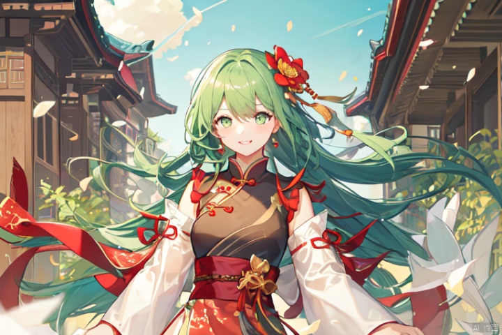  1girl,solo,green hair,swept bangs,long hair,light_blush,green eyes,china_dress,chinese_style,hanfu,long_sleeves,hair_flower,necklace,smile,hair_tucking,absurdres,chinese style architecture,in spring,(masterpiece, top quality, best quality),Chinese clothing, upper body,{{{masterpiece}}},{extremely detailed CG unity 8k wallpaper},best quality,Amazing,finely detail,solo,cinematic lighting,close-up,{{floating hair}},{{Sakura}},outdoors,sky,{{wind}},detailed background,beautiful detailed eyes,bright pupils,{{full body}},,dy,looking at viewer,detailed clothes,