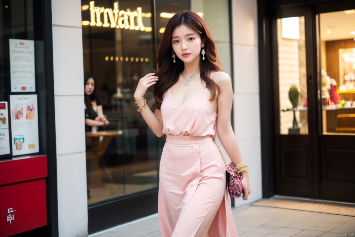 A fashion girl is walking in mall, jewelry, earrings,  lipstick, pink_hair, long_hair, makeup, red_lips,nice clothes,fancy brooch, bracelet,  Realistic, masterpiece, highest quality, high resolution,Asian girl,full_body,holding bag