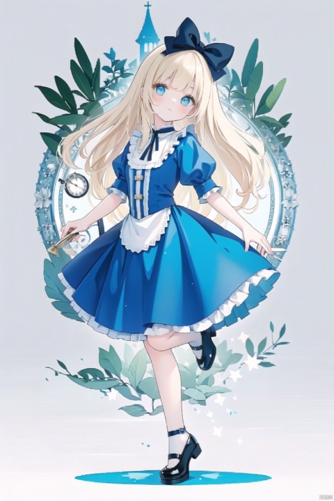  masterpiece,best quality, highly detailed, alice (alice in wonderland),1girl,solo,blue dress,looking at viewer,blush,hair bow,simple background,clock,full_body,dancing