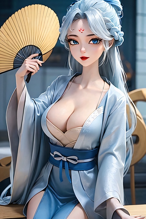  HDR,UHD,best quality,Highly detailed,masterpiece,Professional,,1girl,solo,hanfu,forehead mark,white hair,long hair,hand fan,facial mark,chinese clothes,hair ornament,looking at viewer,blue eyes,holding,long sleeves,dress,outdoors,day,red lips,sky,breasts, glasses ,wide sleeves,blue sky,sash,braid, stocking , nipple , longnvchenchen ,