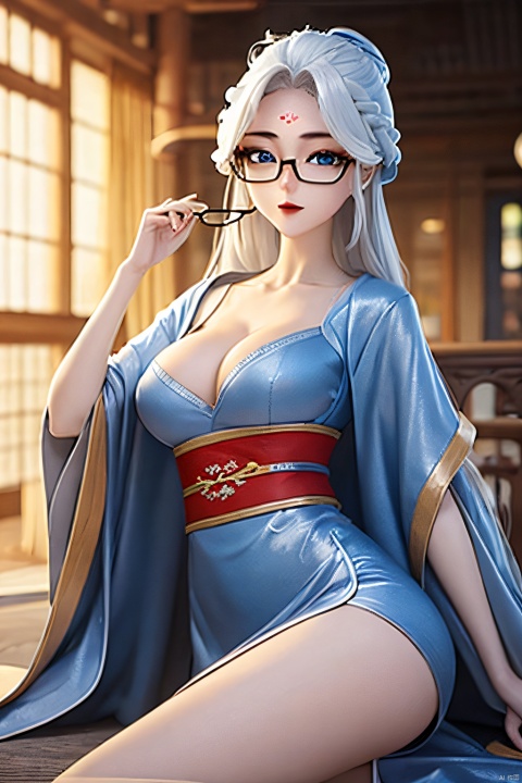  HDR,UHD,best quality,Highly detailed,masterpiece,Professional,,1girl,solo,hanfu,forehead mark,white hair,long hair,facial mark,hair ornament,looking at viewer,blue eyes, holding, eyeglasses ,breasts, glasses , stocking , nipple , china dress, longnvchenchen ,