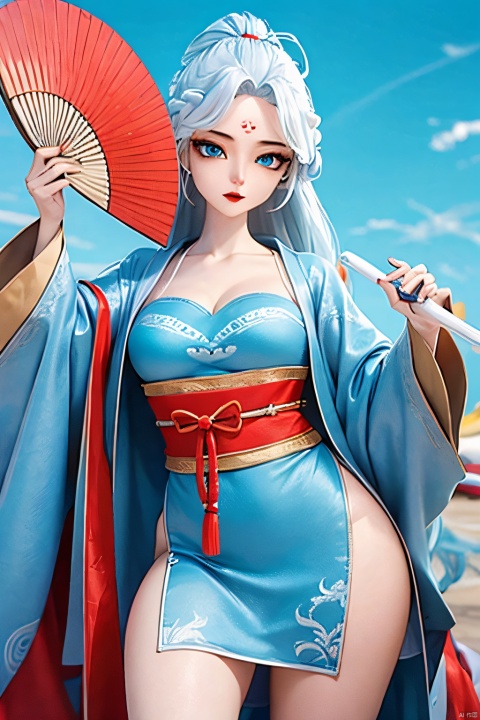  HDR,UHD,best quality,Highly detailed,masterpiece,Professional,,1girl,solo,hanfu,forehead mark,white hair,long hair,hand fan,facial mark,chinese clothes,hair ornament,looking at viewer,blue eyes,holding,long sleeves,dress,outdoors,day,red lips,sky,breasts,wide sleeves,blue sky,sash,braid, longnvchenchen, open_clothes , black_stockings ,eyeglasses ,