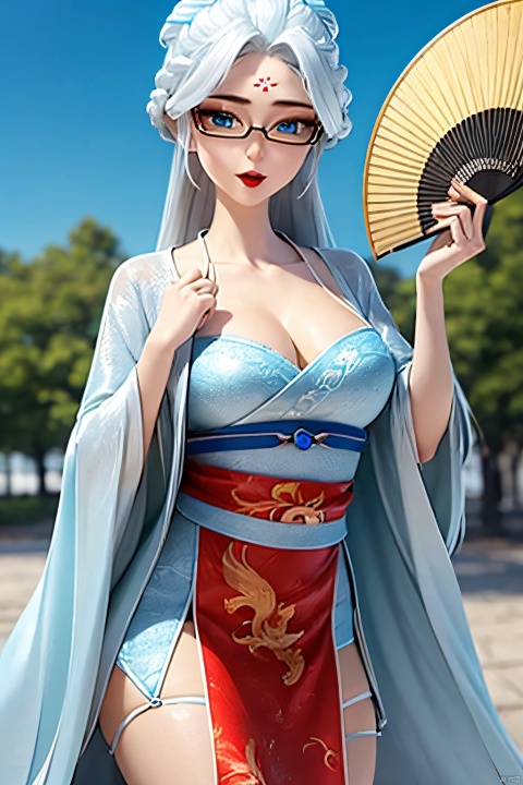  HDR,UHD,best quality,Highly detailed,masterpiece,Professional,,1girl,solo,hanfu,forehead mark,white hair,long hair,hand fan,facial mark,chinese clothes,hair ornament,looking at viewer,blue eyes,holding,long sleeves,dress,outdoors,day,red lips,sky, eyeglasses ,breasts, glasses ,wide sleeves,blue sky,sash,braid, stocking , nipple , longnvchenchen ,