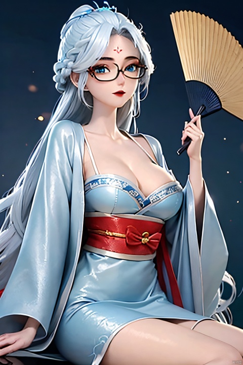  HDR,UHD,best quality,Highly detailed,masterpiece,Professional,,1girl,solo,hanfu,forehead mark,white hair,long hair,hand fan,facial mark,chinese clothes,hair ornament,looking at viewer,blue eyes, eye_glasses ,holding,long sleeves,dress,outdoors,day,red lips,sky,breasts,wide sleeves,blue sky,sash,braid, longnvchenchen, open_clothes , black_stockings ,eyeglasses ,