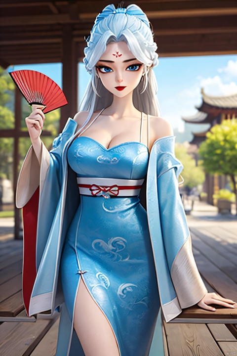  HDR,UHD,best quality,Highly detailed,masterpiece,Professional,,1girl,solo,hanfu,forehead mark,white hair,long hair,hand fan,facial mark,chinese clothes,hair ornament,looking at viewer,blue eyes,holding,long sleeves,dress,outdoors,day,red lips,sky,breasts, glasses ,wide sleeves,blue sky,sash,braid, stocking , nipple , longnvchenchen ,