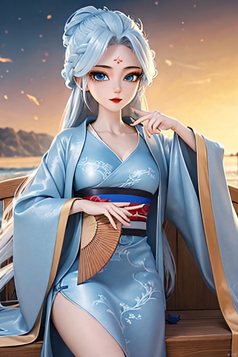  HDR,UHD,best quality,Highly detailed,masterpiece,Professional,,1girl,solo,hanfu,forehead mark,white hair,long hair,hand fan,facial mark,chinese clothes,hair ornament,looking at viewer,blue eyes,holding,long sleeves,dress,outdoors,day,red lips,sky,breasts,wide sleeves,blue sky,sash,braid, longnvchenchen, open_clothes , black_stockings ,eyeglasses ,
