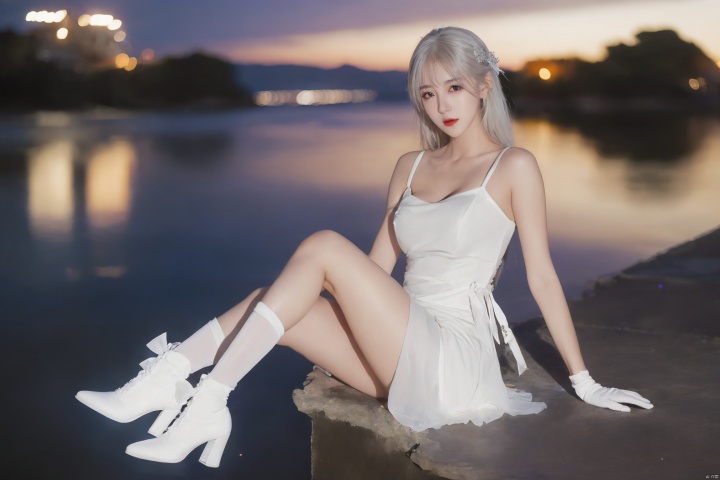 1girl, solo, long hair, breasts, looking at viewer, bangs, thighhighs, gloves, dress, bare shoulders, sitting, underwear, purple eyes, panties, full body, white hair, outdoors, sky, sleeveless, white gloves, water, white dress, white panties, high heels, white thighhighs, night, sleeveless dress, arm support, short dress, white footwear, star \(sky\), night sky, starry sky, knees together feet apart, red lips