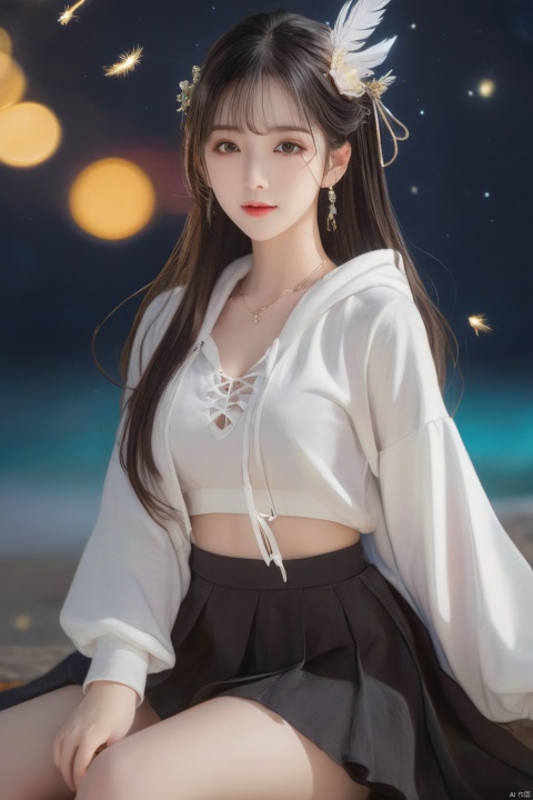     high detail, extremely detailed 8k wallpaper, starry sky, night sky, facing the lens, beautiful detailed sky, luna, glowworm, garden, seductive smile, beautiful detailed eyes, sidelocks, multicolored eyes, mole under mouth, medium breasts, slim legs, skinny, ahoge, Black hair,asymmetrical bangs, drill hair, big hair, curvy, side ponytail, feet, hime cut, hoodie,  loose socks, lace, kanzashi, color?:skirt, feather hair ornament, high heels, hair tie, crystal earrings, ankle lace-up, necklace, innocent, white skin, 1girl, hair tucking,