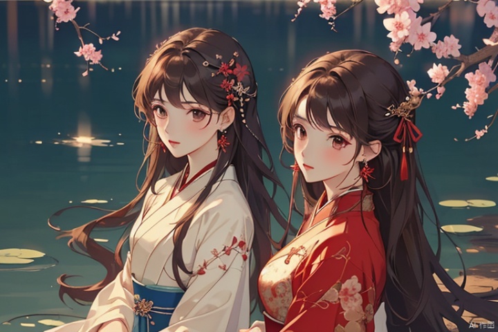  (masterpiece, top quality, best quality, official art, beautiful and aesthetic:1.2),gf-hd, 2girls, solo, hair ornament, very long hair,jewelry, dress, earrings, chinese clothes, brown hair, ribbon, hanfu,water,question