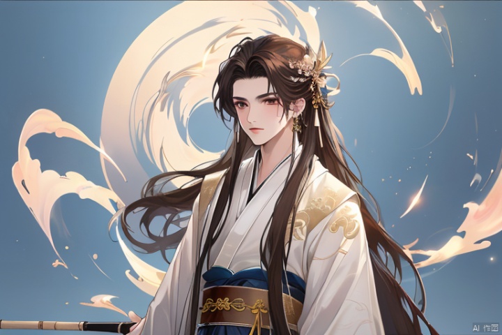  (masterpiece, top quality, best quality, official art, beautiful and aesthetic:1.2),gf-hd, 1boy, solo, hair ornament, very long hair,jewelry, dress, earrings, chinese clothes, brown hair, ribbon, hanfu,question,go fishing, LianmoNan, a boy with black and white hair_long hair_hanfu