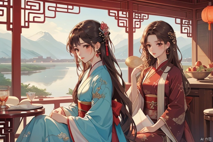  (masterpiece, top quality, best quality, official art, beautiful and aesthetic:1.2),gf-hd, 2girls, solo, hair ornament, very long hair,jewelry, dress, earrings, chinese clothes, brown hair, ribbon, hanfu,water,stool,two people,book,
