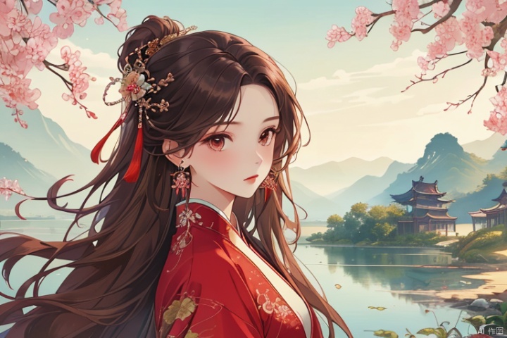  (masterpiece, top quality, best quality, official art, beautiful and aesthetic:1.2),gf-hd, 1girls, solo, hair ornament, very long hair,jewelry, dress, earrings, chinese clothes, brown hair, ribbon, hanfu,water,question