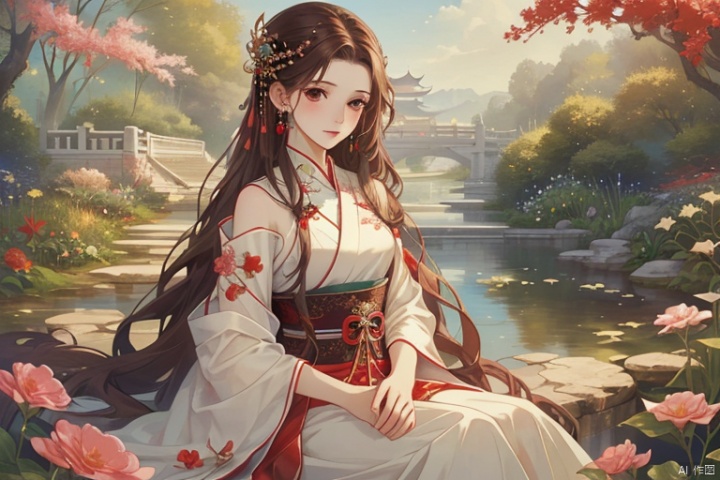  (masterpiece, top quality, best quality, official art, beautiful and aesthetic:1.2),gf-hd, 2girls, solo, hair ornament, very long hair,jewelry, dress, earrings, chinese clothes, brown hair, ribbon, hanfu,garden