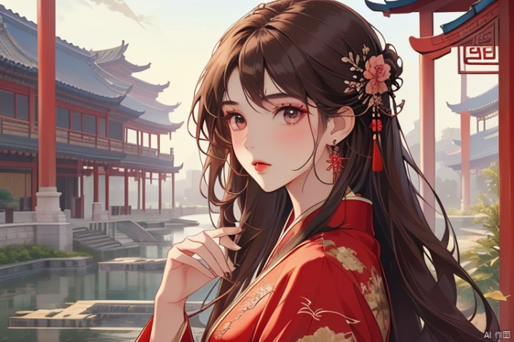  (masterpiece, top quality, best quality, official art, beautiful and aesthetic:1.2),gf-hd, 2girls, solo, hair ornament, very long hair,jewelry, dress, earrings, chinese clothes, brown hair, ribbon, hanfu,