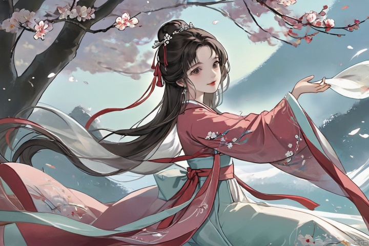  (masterpiece, top quality, best quality, official art,high detail, beautiful and aesthetic:1.2),gf-hd,1gir,hanfu,ribbon,Black hair, smile, skirt, earrings, dress, necklace,pink dress,white dress